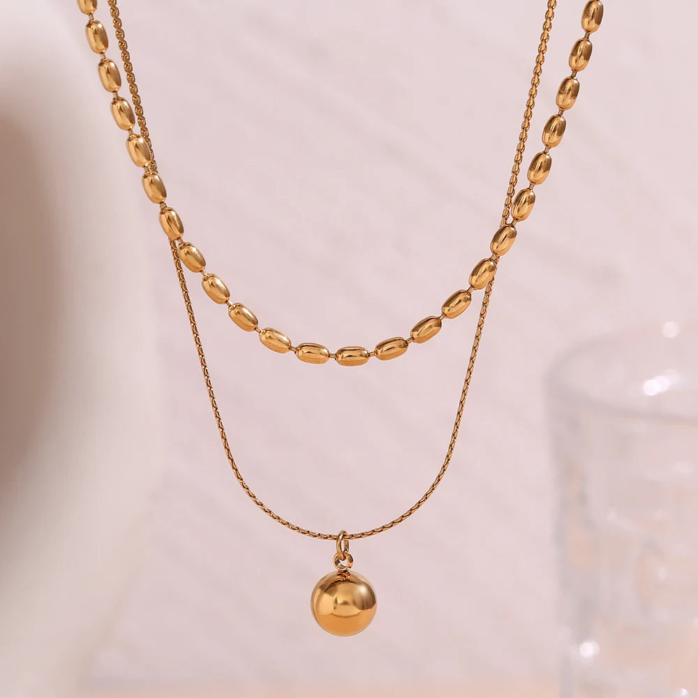 Colar com Pingente de Miçangas Simples de Camada Dupla Aço Inoxidável 316L Banhado a Ouro 18K Joia