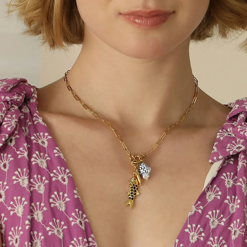New Design Golden Plated Stainless Steel Waterproof Paper Clip Chain Fish Charm Necklace Women Men Jewelry