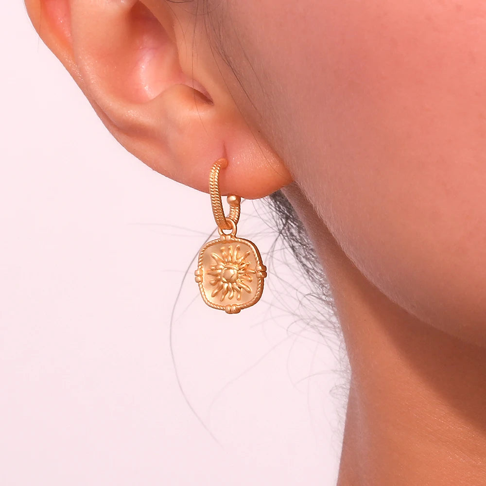 Waterproof Embossment Square Fire Sun Charm Pendant Drop Hoop Earrings Vintage Small Golden Hook Earrings For Women