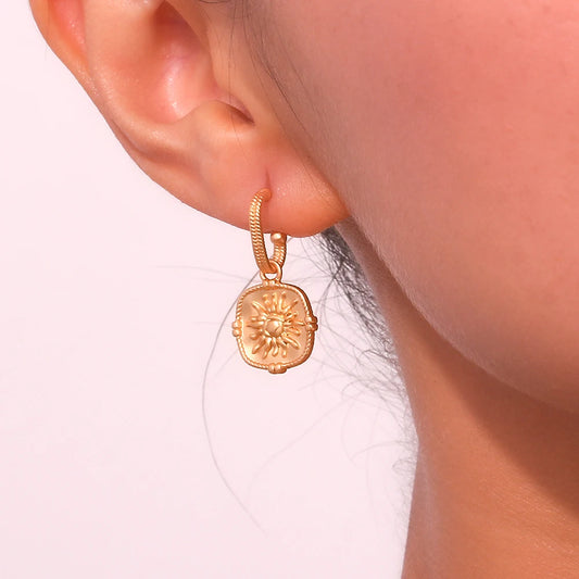Waterproof Embossment Square Fire Sun Charm Pendant Drop Hoop Earrings Vintage Small Golden Hook Earrings For Women