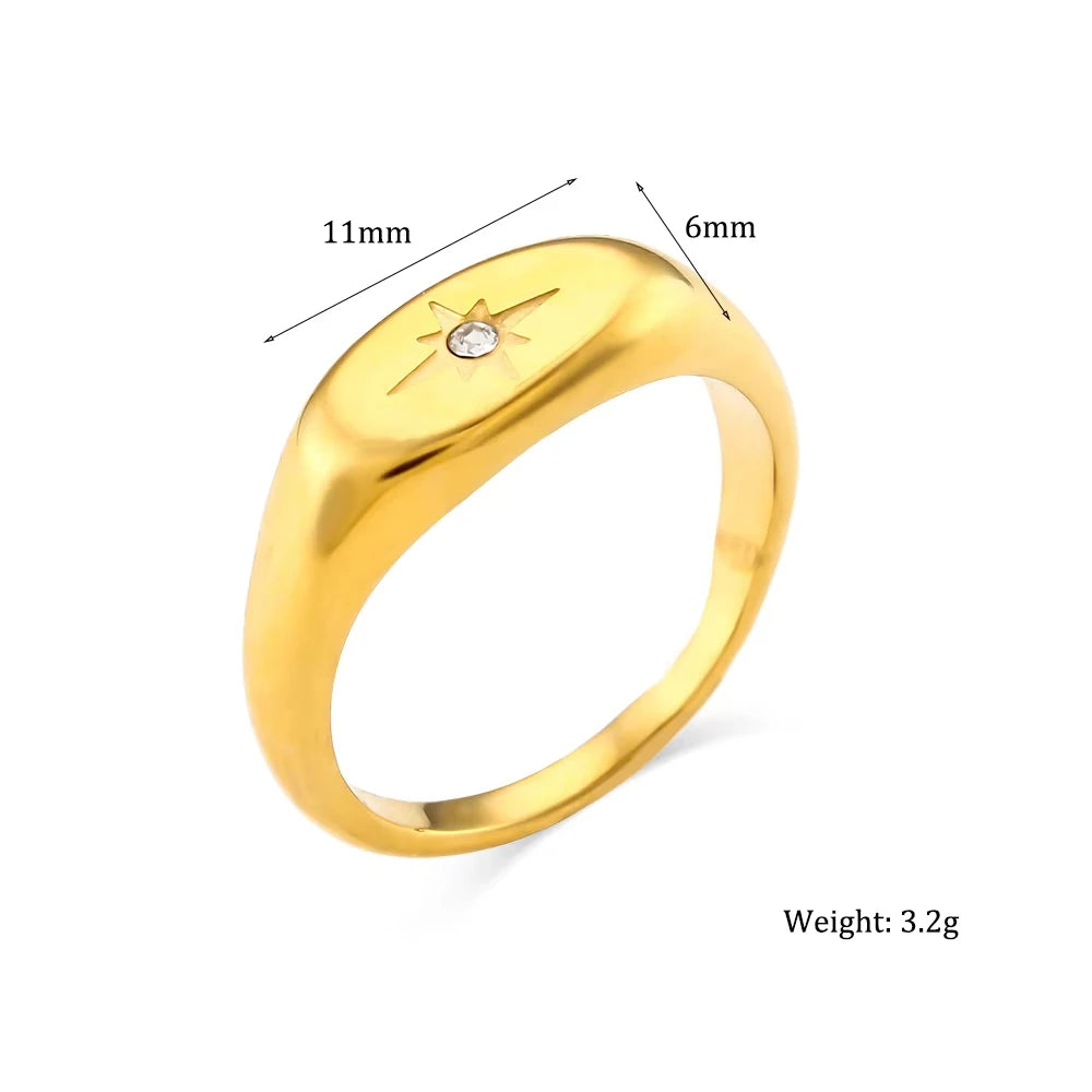 Anel com Selo Estrela Polar Prateado Impermeável Aço Inoxidável 316L Joias Banhadas a Ouro 18K Acessórios