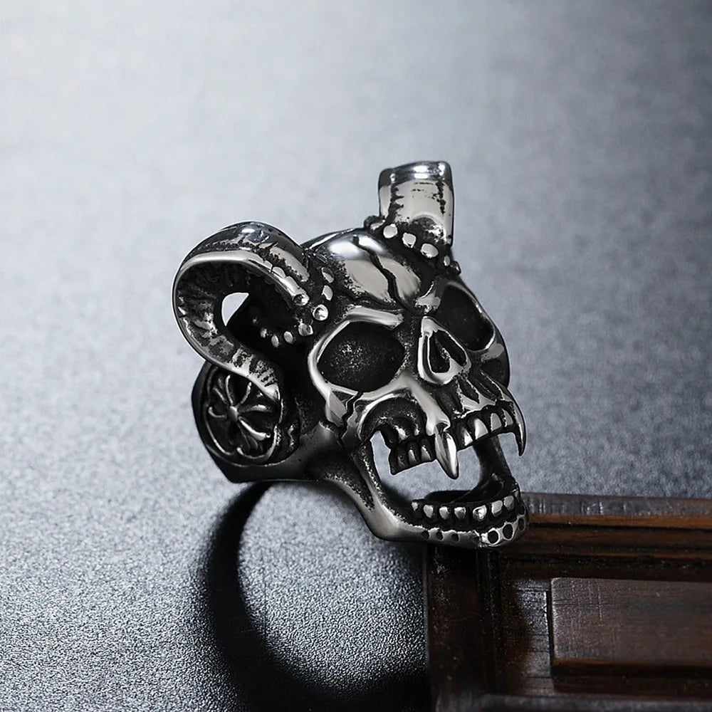 Retro Horn Skull Large Ring For Men Punk Gothic Rock Hiphop Open Ring Biker Accessories Handmade Designer Jewelry Gift For Man