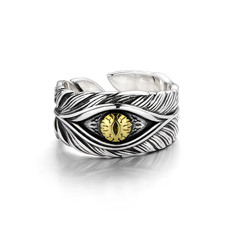 Retro Evil Eye Feather Ring For Men Punk Gothic Rock Hiphop Designer Open Ring Handmade Jewelry Bikers Accessories Unisex Gift