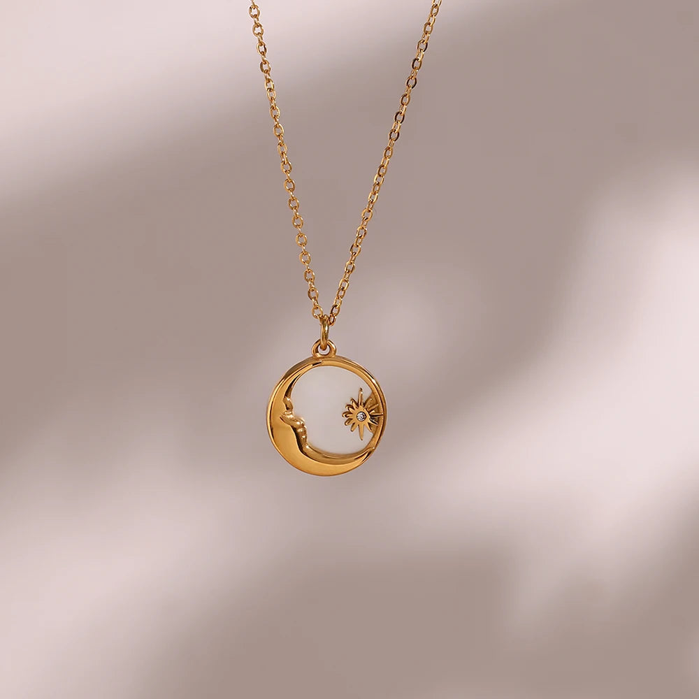 Natural Mother Of Pearl Casting Moon Star Circle Coin Necklace For Woman 18K Gold Plated  Stainless Steel Jewelry