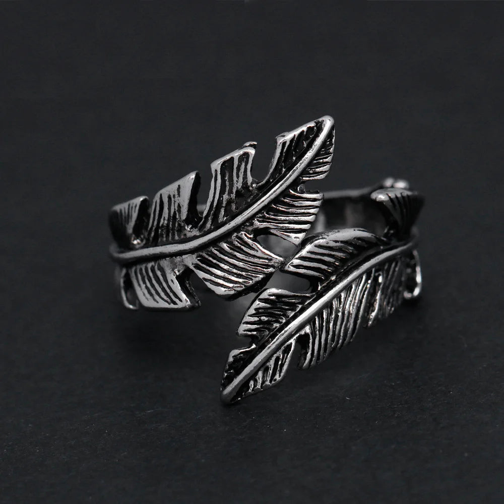 Retro Leaf Feather Ring For Men Women SIlver Color Punk Gothic Open Ring Handmade Designer Jewelry Unisex Accessories Love Gift