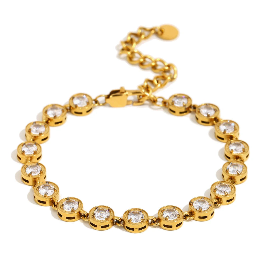 Multicolor Luxury Round Zircon Necklace Bracelet PVD Plated Stainless Steel Classic Style Party Shiny Chic Jewelry