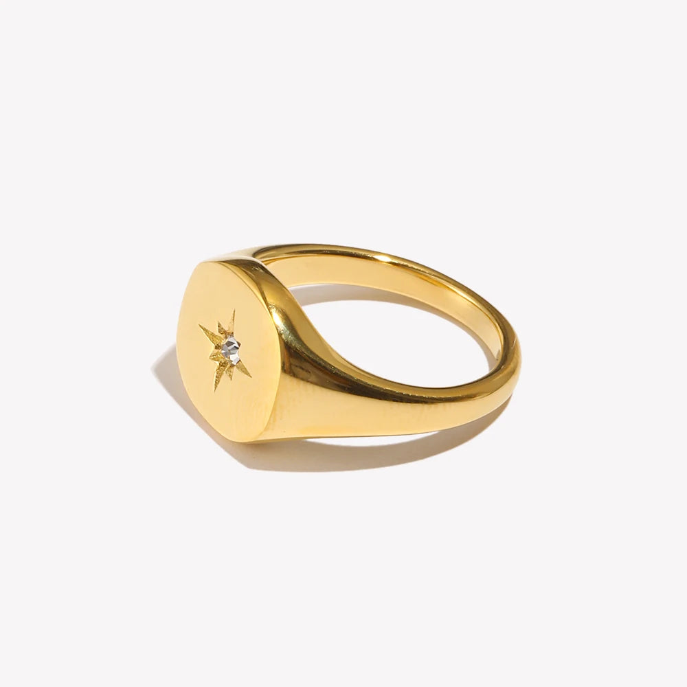 Anel com Selo Estrela Polar Prateado Impermeável Aço Inoxidável 316L Joias Banhadas a Ouro 18K Acessórios