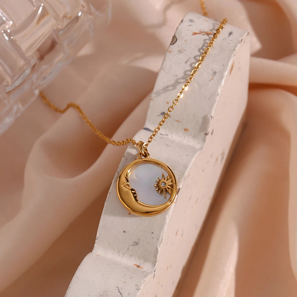 Natural Mother Of Pearl Casting Moon Star Circle Coin Necklace For Woman 18K Gold Plated  Stainless Steel Jewelry