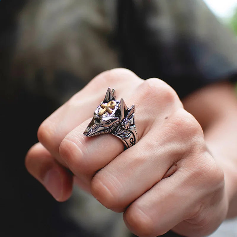 Retro Egypt Anubis Symbol Ring For Men Punk Gothic Rock Hiphop Open Ring Handmade Designer Jewelry Biker Accessories Lover Gift