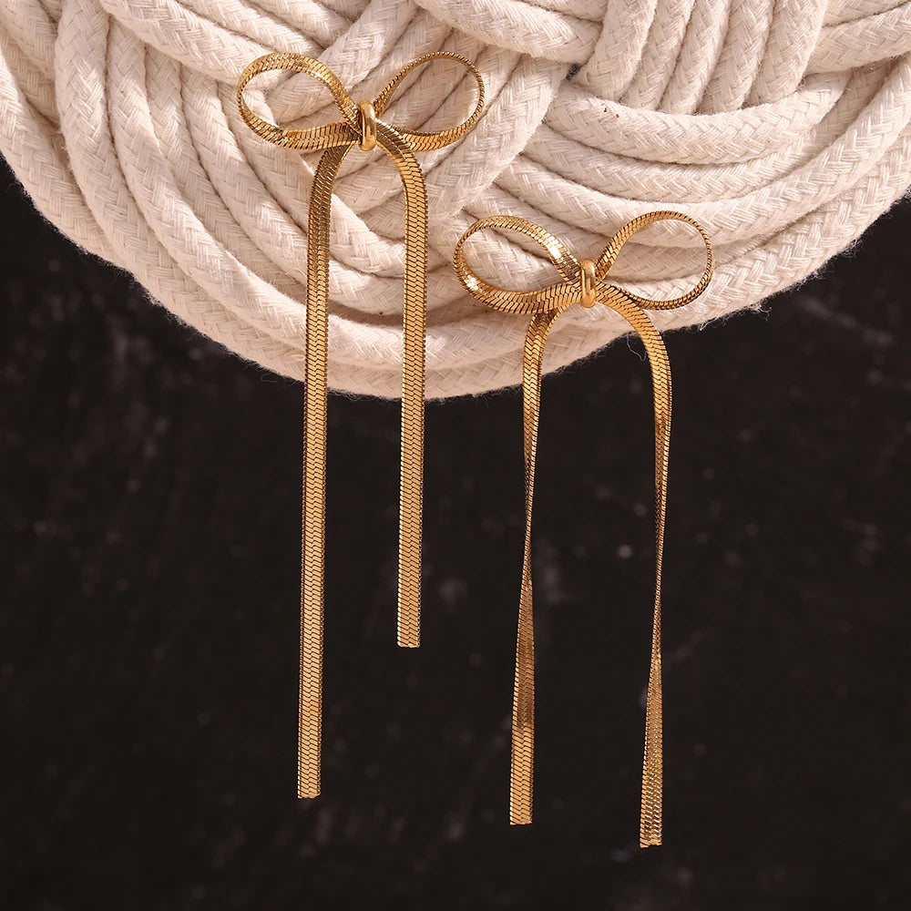 Blade Chain Bow Drop Earrings Tarnish Free 316L Stainless Steel Women's Earrings 18K Gold Plated Decoration
