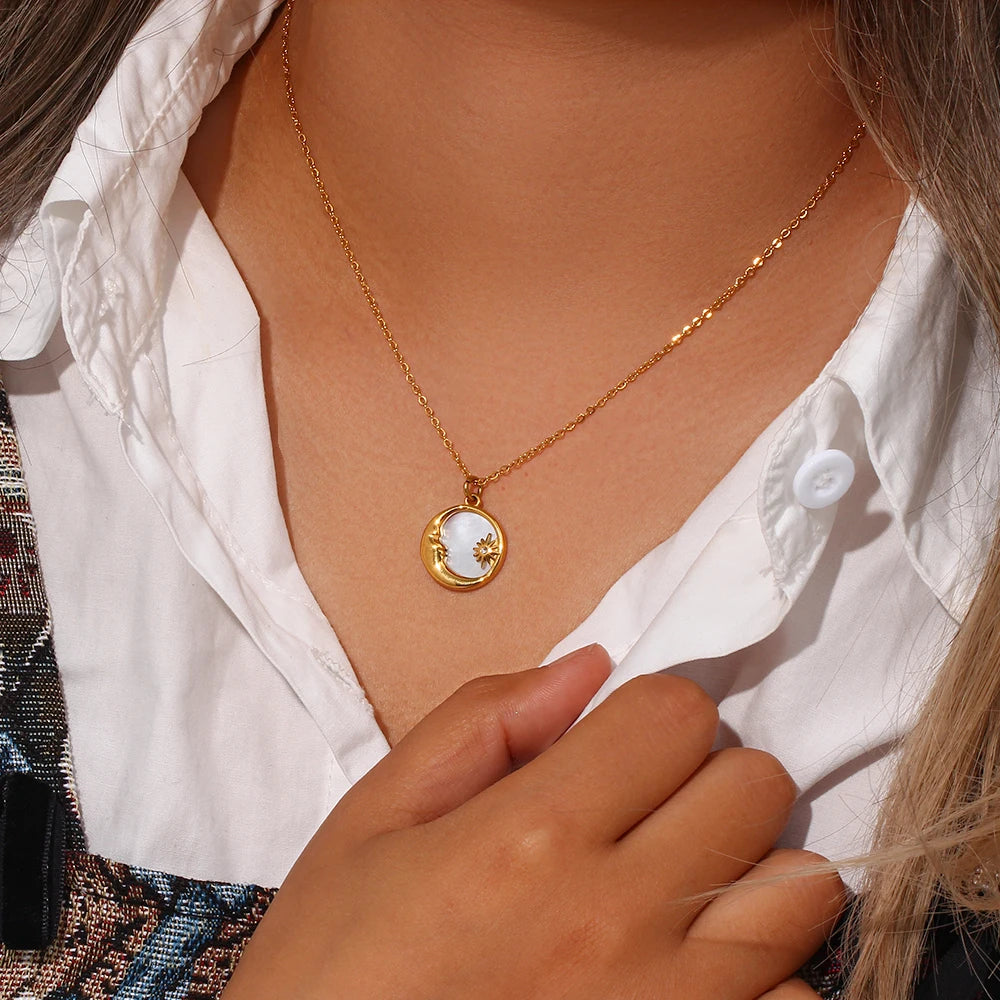 Natural Mother Of Pearl Casting Moon Star Circle Coin Necklace For Woman 18K Gold Plated  Stainless Steel Jewelry
