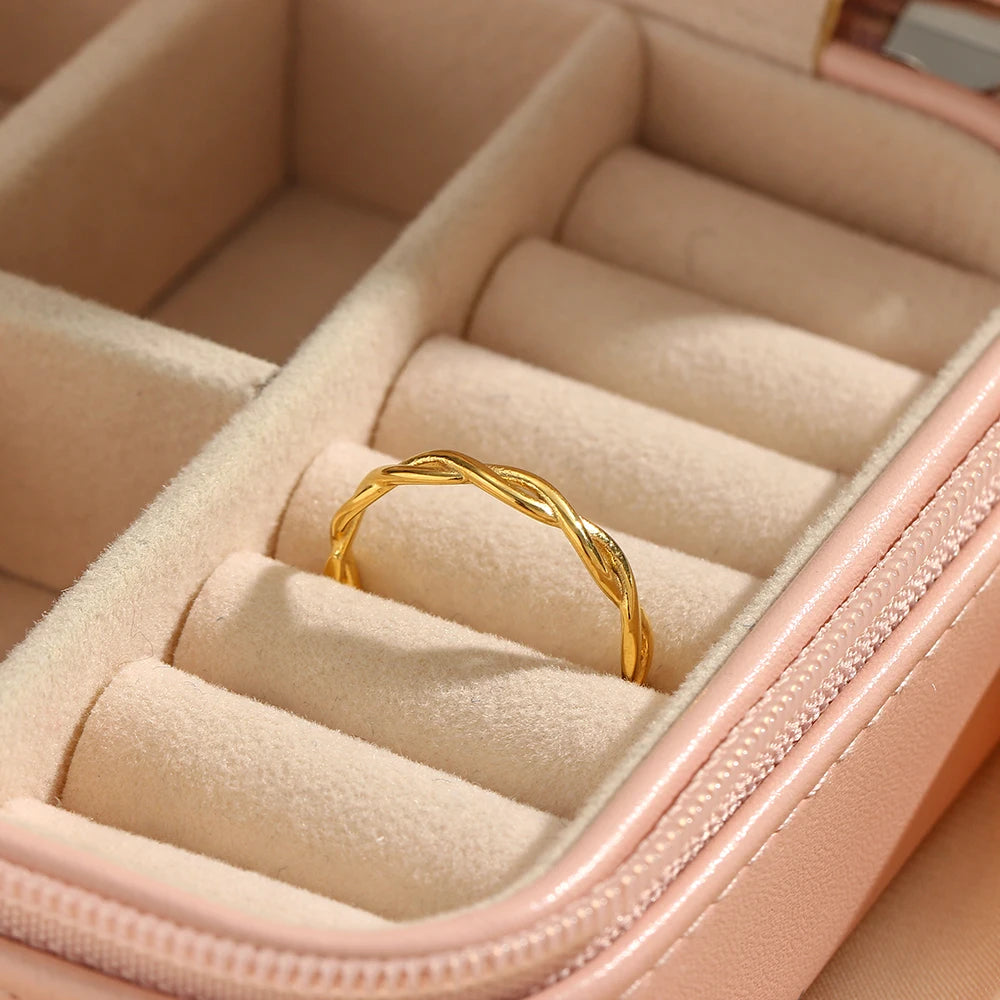 Super Minimalist Braided Twisted Thin Gold Rings For Lady Waterproof Stainless Steel 18K Gold Plated Girl's Ring