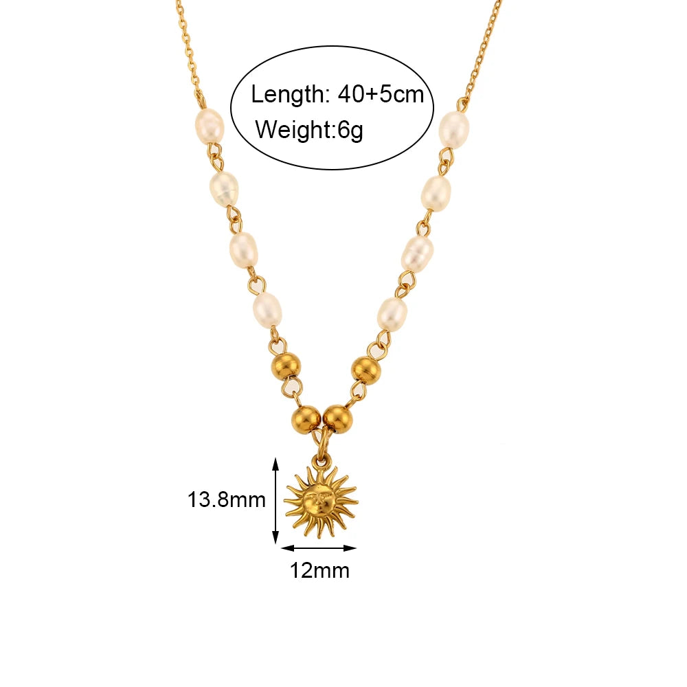Freshwater Pearl Gold Color Beads Chain Stainless Steel Necklace Optimistic Sun Pendant Necklace For Woman Gift
