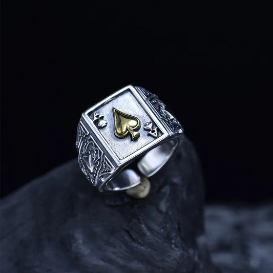 Retro Ace of Spades Ring For Men Silver Color Punk Gothic Open Ring Designer Jewelry Unisex Accessories Creative Peace Art Gift