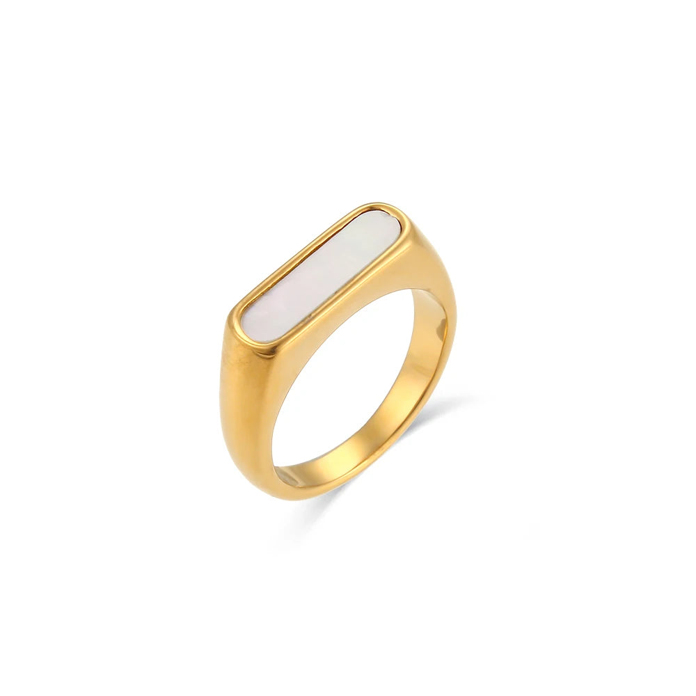 Basic Natural Shell White Black Stripe Gold Ring Fine Polished 18K Gold Plated Stainless Steel Rings For Female