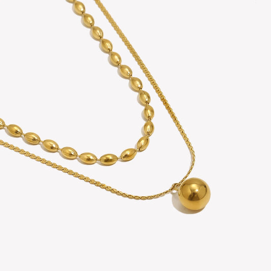 Colar com Pingente de Miçangas Simples de Camada Dupla Aço Inoxidável 316L Banhado a Ouro 18K Joia