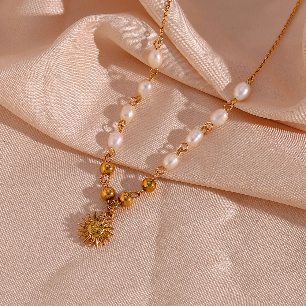 Freshwater Pearl Gold Color Beads Chain Stainless Steel Necklace Optimistic Sun Pendant Necklace For Woman Gift
