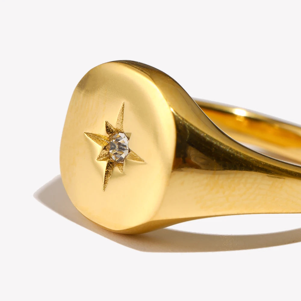 Anel com Selo Estrela Polar Prateado Impermeável Aço Inoxidável 316L Joias Banhadas a Ouro 18K Acessórios