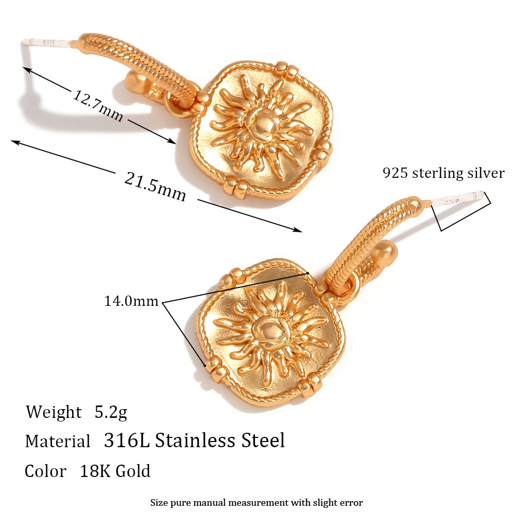 Waterproof Embossment Square Fire Sun Charm Pendant Drop Hoop Earrings Vintage Small Golden Hook Earrings For Women