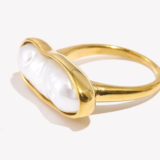 Anel de Pérola de Água Doce Long Strip Aço Inoxidável Banhado a Ouro 18K Joias Barrocas Impermeáveis Charme