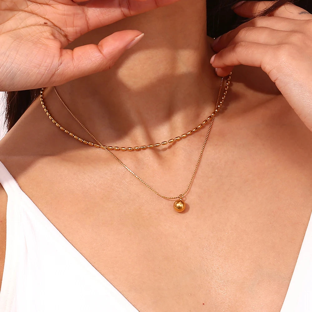 Colar com Pingente de Miçangas Simples de Camada Dupla Aço Inoxidável 316L Banhado a Ouro 18K Joia