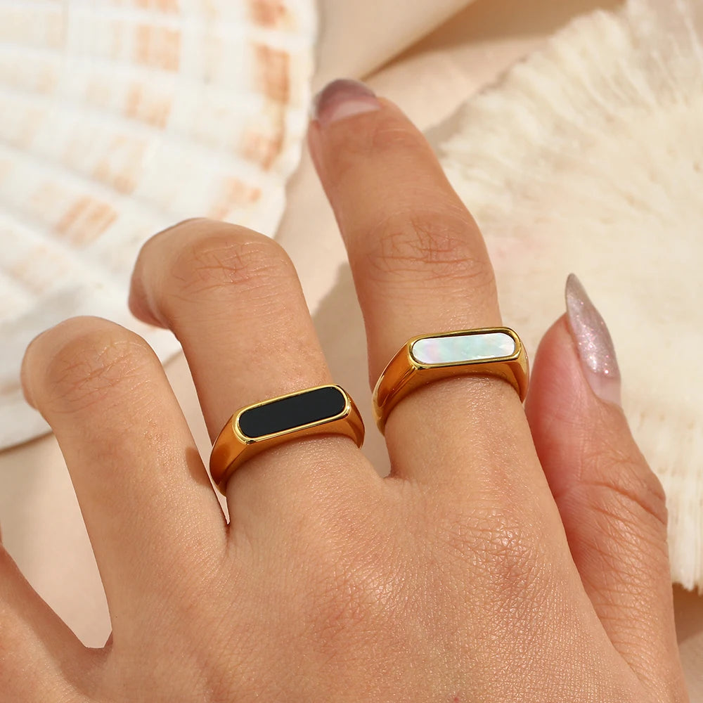 Basic Natural Shell White Black Stripe Gold Ring Fine Polished 18K Gold Plated Stainless Steel Rings For Female