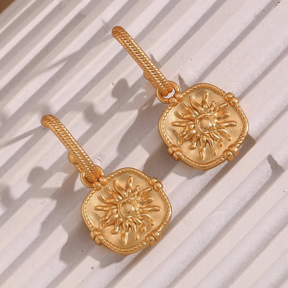 Waterproof Embossment Square Fire Sun Charm Pendant Drop Hoop Earrings Vintage Small Golden Hook Earrings For Women