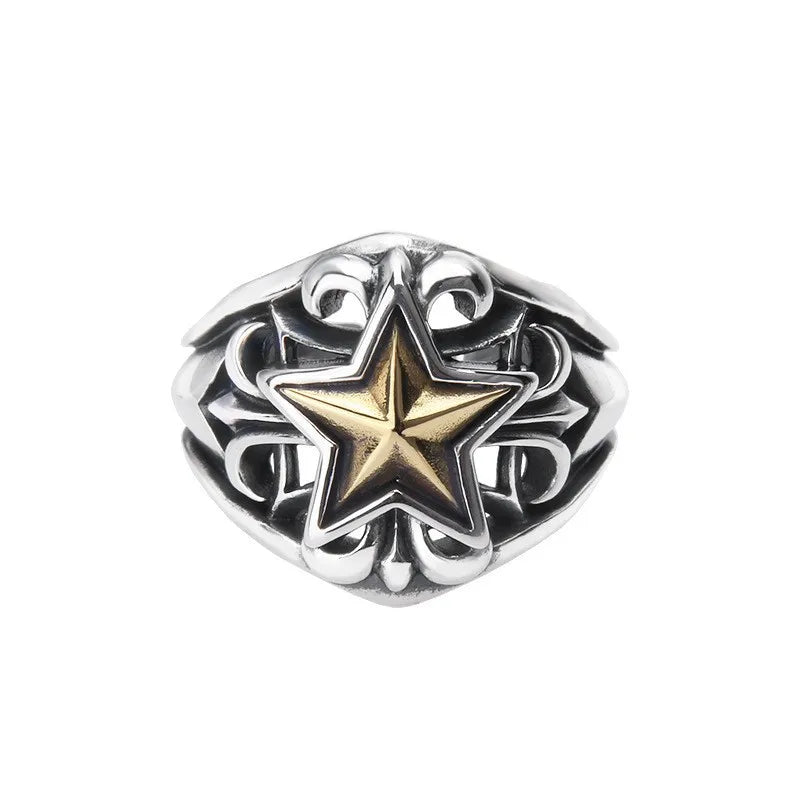 Retro Golden Cross Star Ring For Men Punk Gothic Rock Hiphop Open Ring Handmade Unisex Jewelry Bikers Accessories Lovers Gift