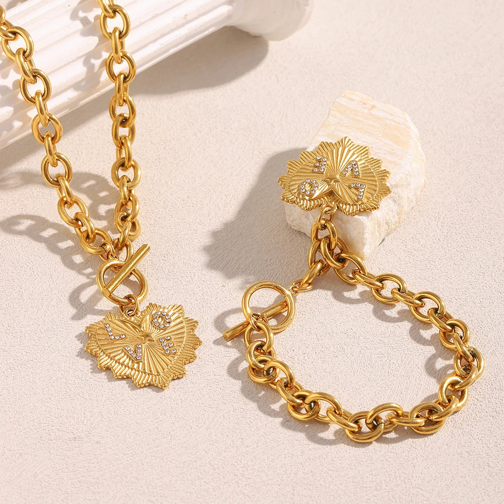New Exaggerated OT Buckle Rhinestone “LOVE” Heart Buckle Necklace Bracelet 18K Gold Plated Stainless Steel Jewelry Set