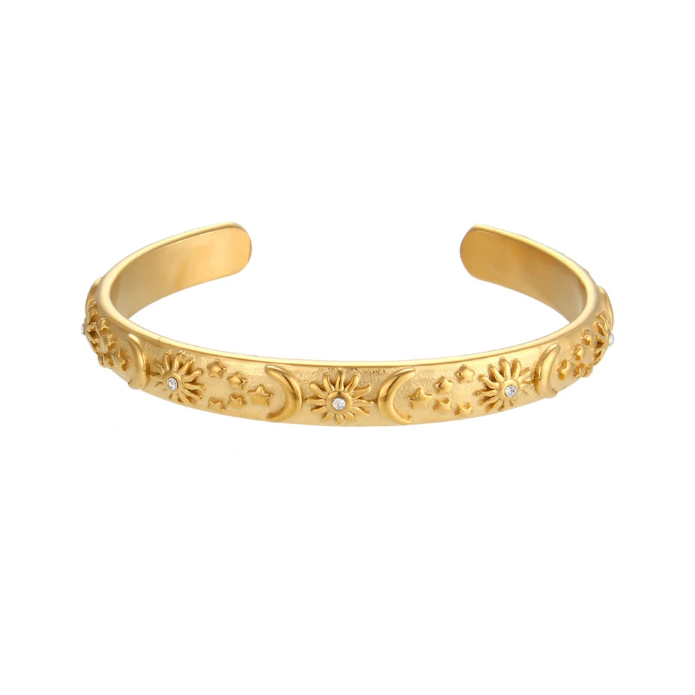 Pulseira Clássica com Sol, Lua e Estrela, Banhada a Ouro 18K, Resistente a Manchas, Joia de Aço Inoxidável