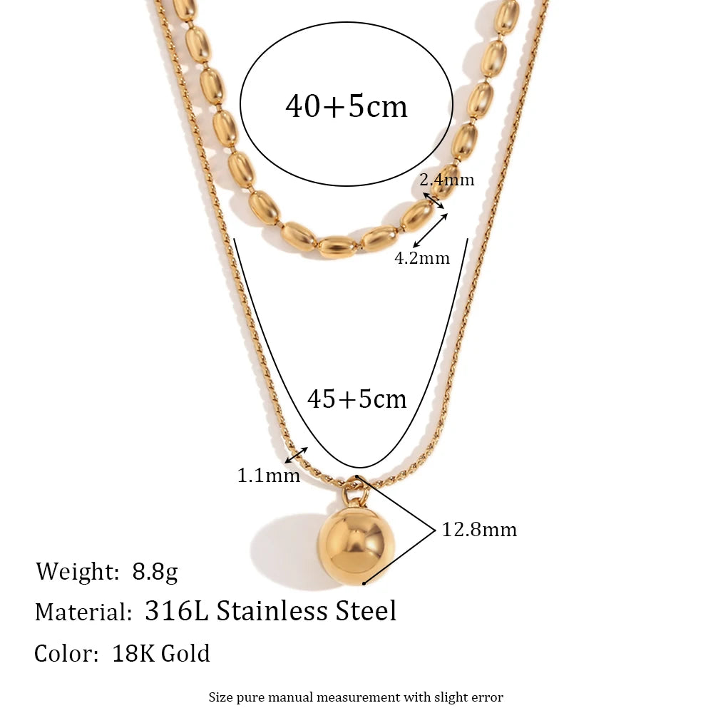 Colar com Pingente de Miçangas Simples de Camada Dupla Aço Inoxidável 316L Banhado a Ouro 18K Joia
