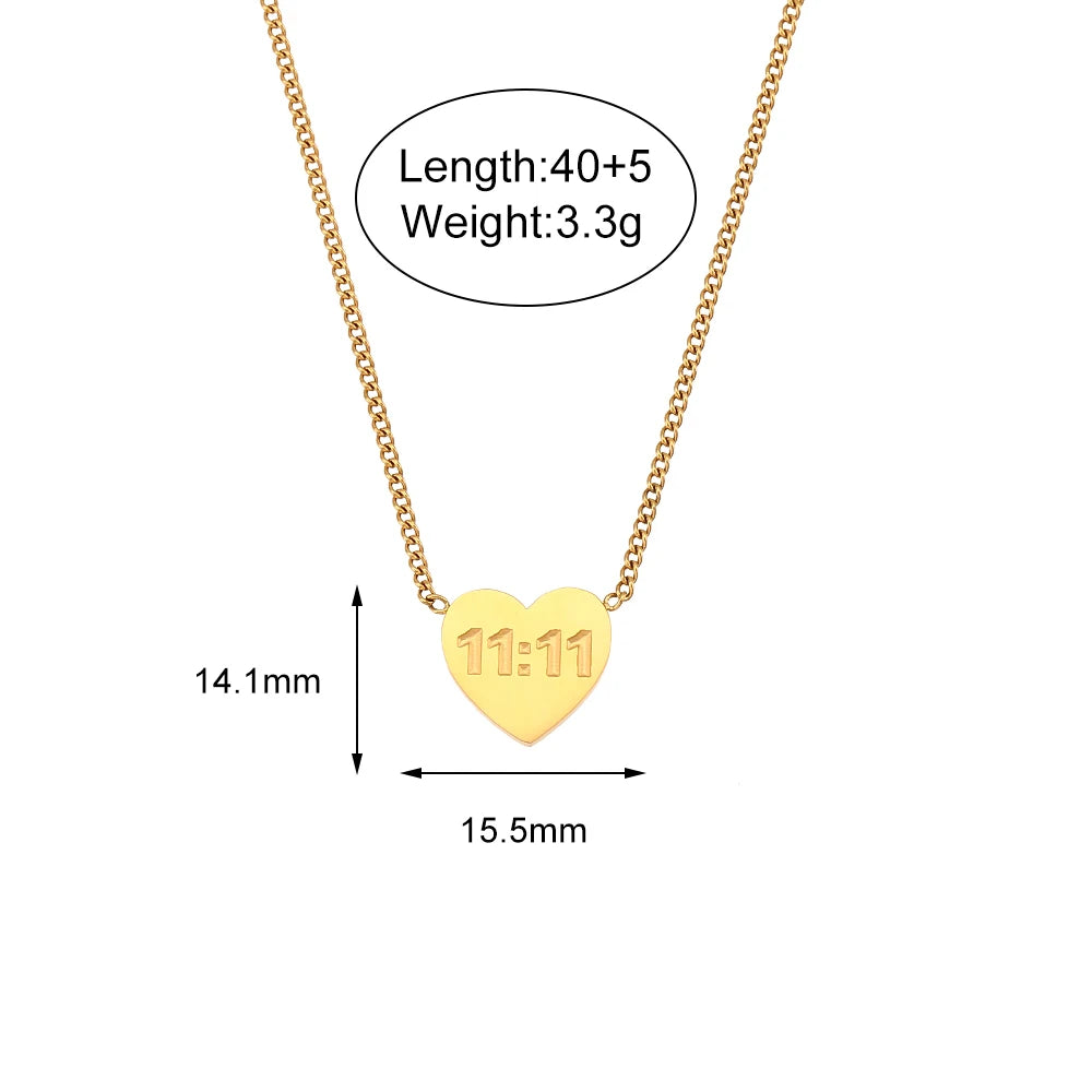 Waterproof New Stainless Steel 18K Gold Plated Jewelry 11:11 Lucky Angel Number Heart Shape Necklace For Women