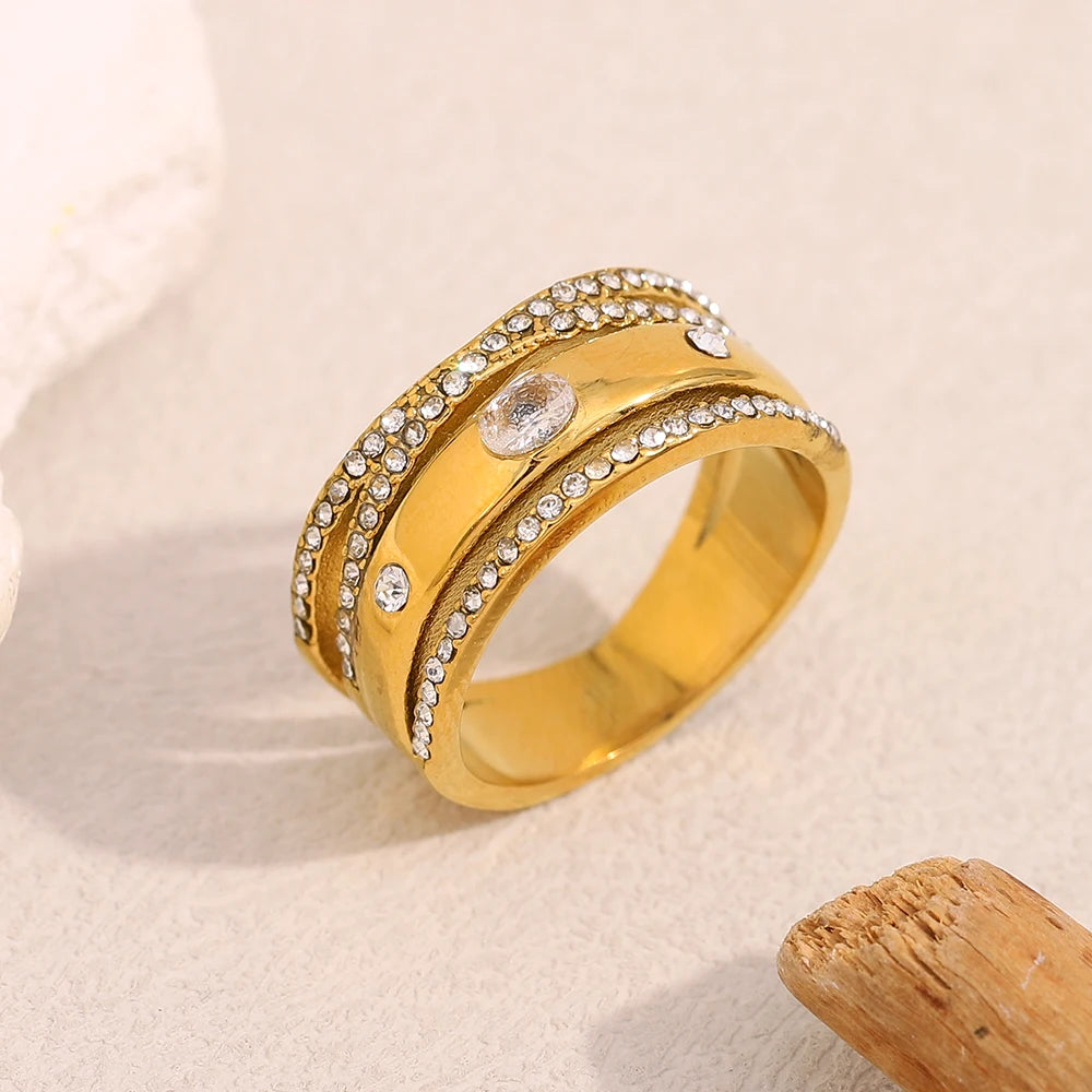 Creative Luxury Multipile Zircon Ring High Quality Stainless Steel 18K Gold Plated Party Statement Jewelry Accessories