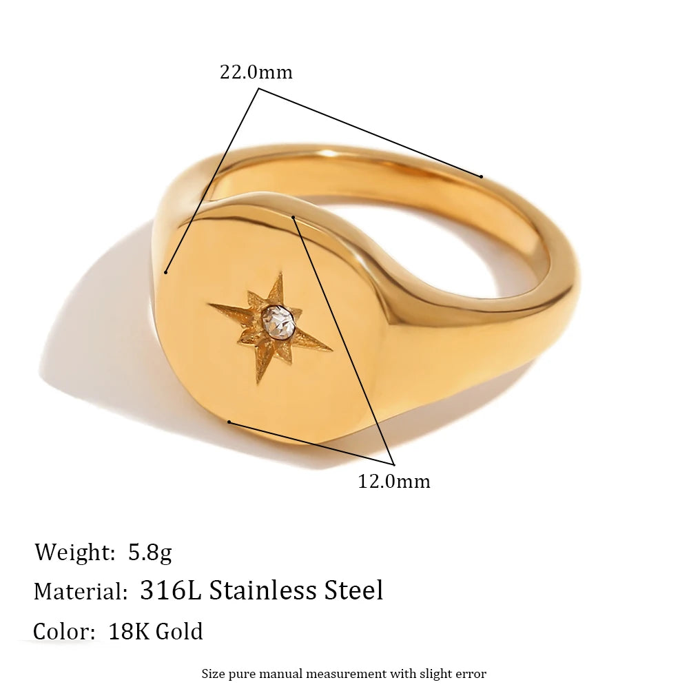 Anel com Selo Estrela Polar Prateado Impermeável Aço Inoxidável 316L Joias Banhadas a Ouro 18K Acessórios