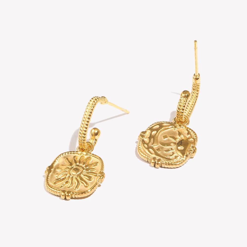 Waterproof Embossment Square Fire Sun Charm Pendant Drop Hoop Earrings Vintage Small Golden Hook Earrings For Women