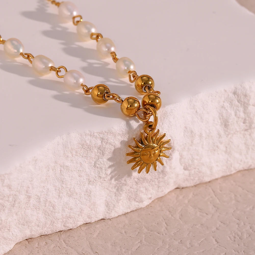 Freshwater Pearl Gold Color Beads Chain Stainless Steel Necklace Optimistic Sun Pendant Necklace For Woman Gift