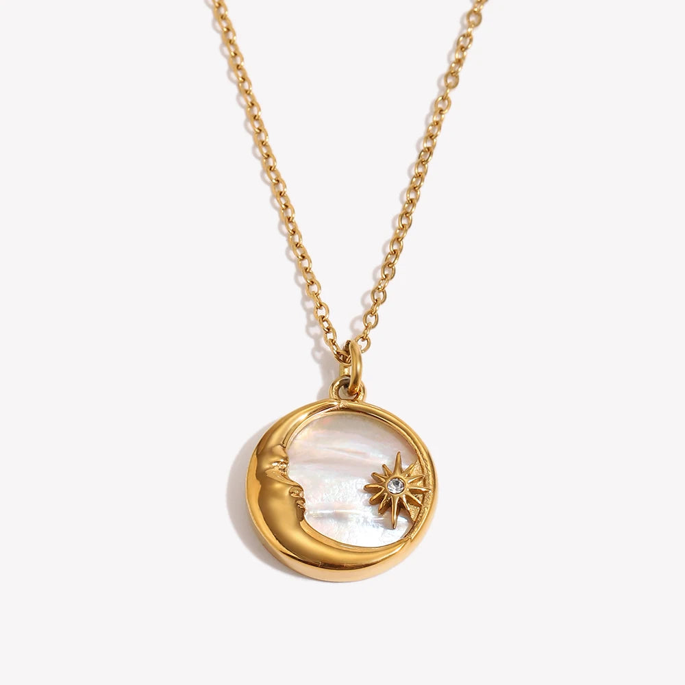 Natural Mother Of Pearl Casting Moon Star Circle Coin Necklace For Woman 18K Gold Plated  Stainless Steel Jewelry