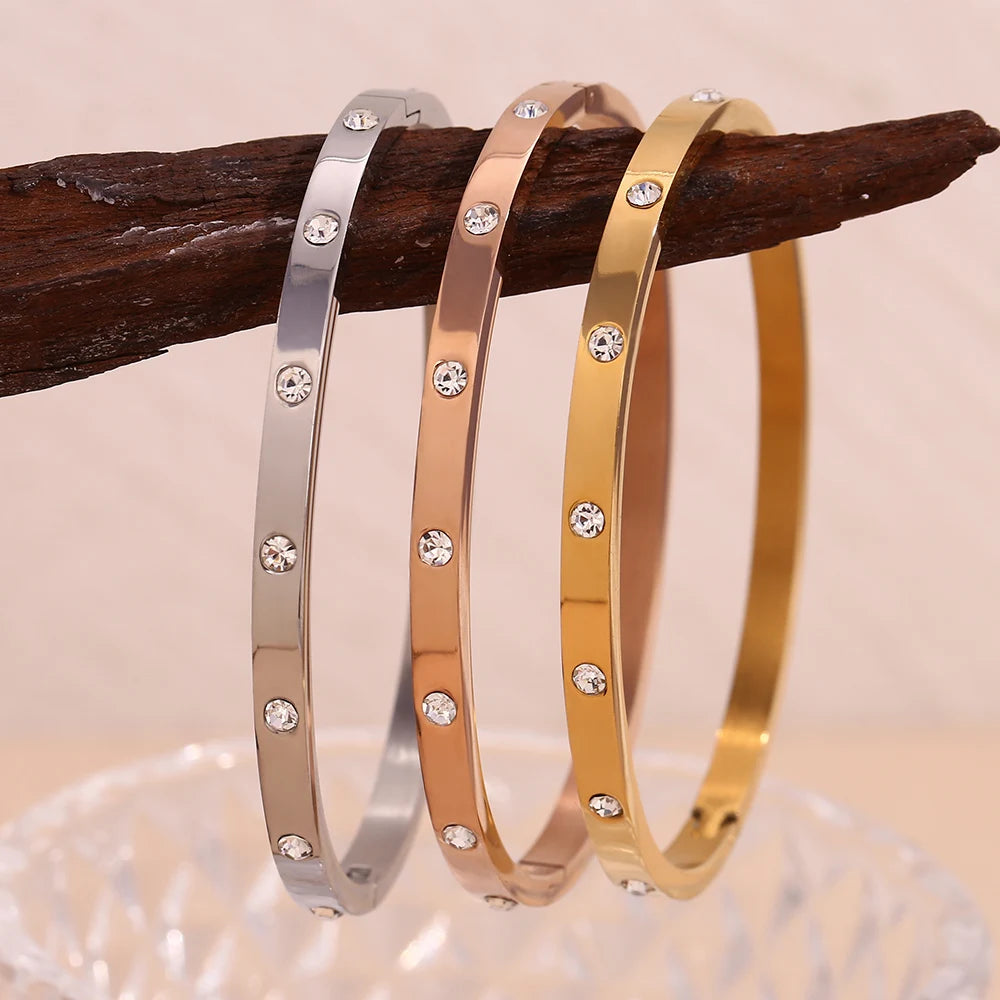 Pulseira Fivela Zircônia Pontilhada Resistente à Água Aço Inoxidável 316L para Mulheres Joia Banhada a Ouro 18K