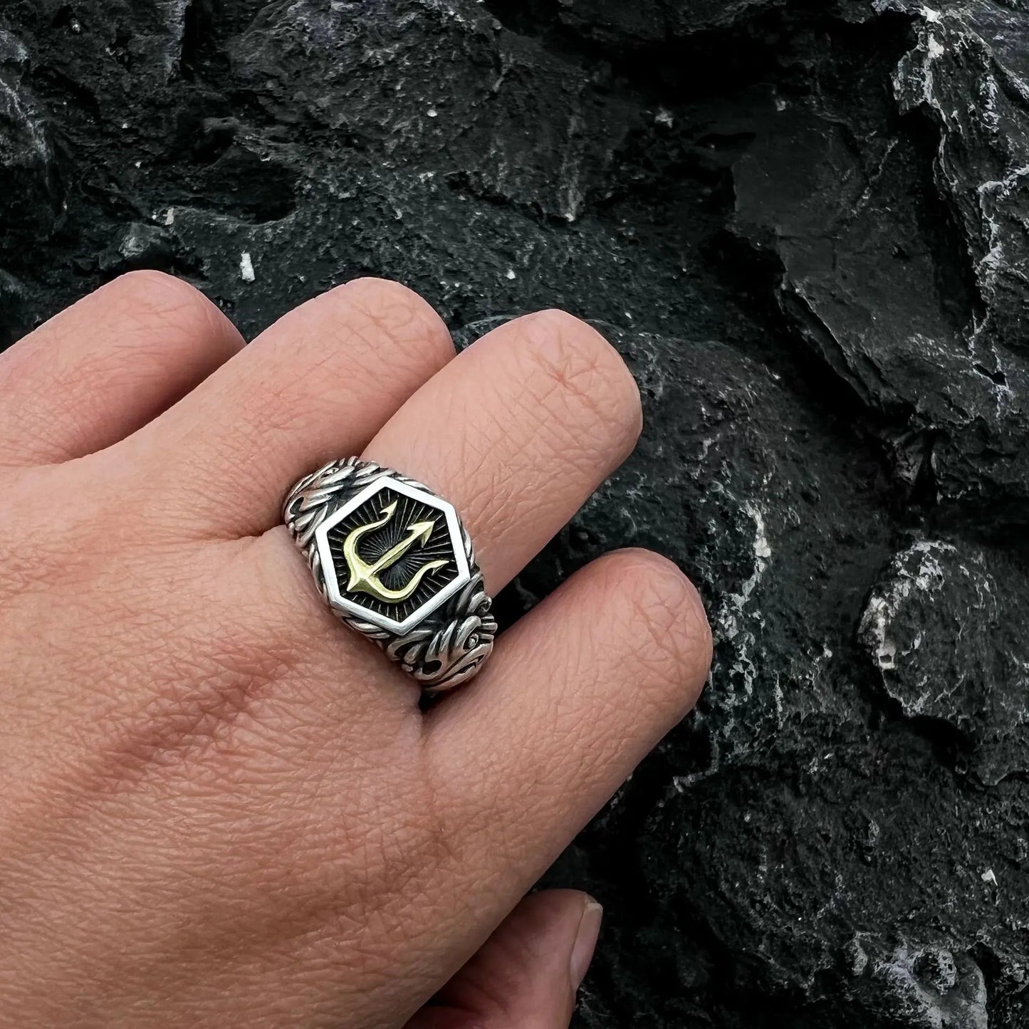 Retro Poseidon Golden Trident Ring For Men Punk Gothic Rock Hiphop Open Ring Handmade Unisex Jewelry Bikers Accessories Man Gift