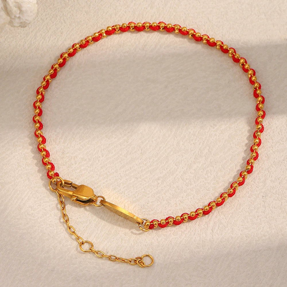 Lucky Red Color Rope Round Beads Bracelet 18K Gold Plated Stainless Steel Women Men Fashion Jewelry Gifts