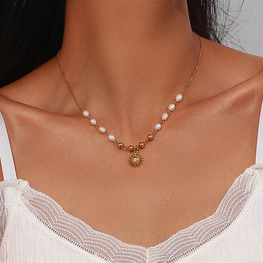 Freshwater Pearl Gold Color Beads Chain Stainless Steel Necklace Optimistic Sun Pendant Necklace For Woman Gift