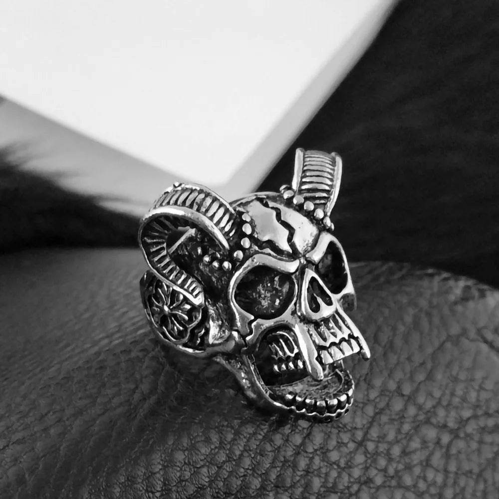Retro Horn Skull Large Ring For Men Punk Gothic Rock Hiphop Open Ring Biker Accessories Handmade Designer Jewelry Gift For Man
