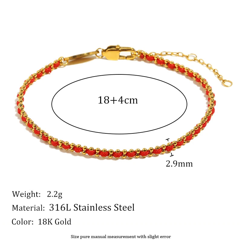 Lucky Red Color Rope Round Beads Bracelet 18K Gold Plated Stainless Steel Women Men Fashion Jewelry Gifts
